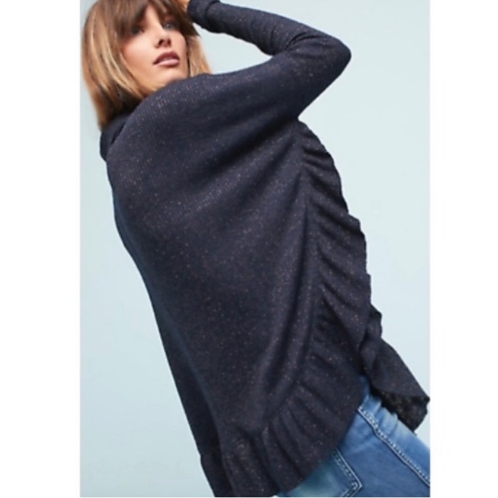 ANTHROPOLOGIE 9-H15 STCL Orley Metallic Ruffle Navy Cowl Neck Sweater - XS/S